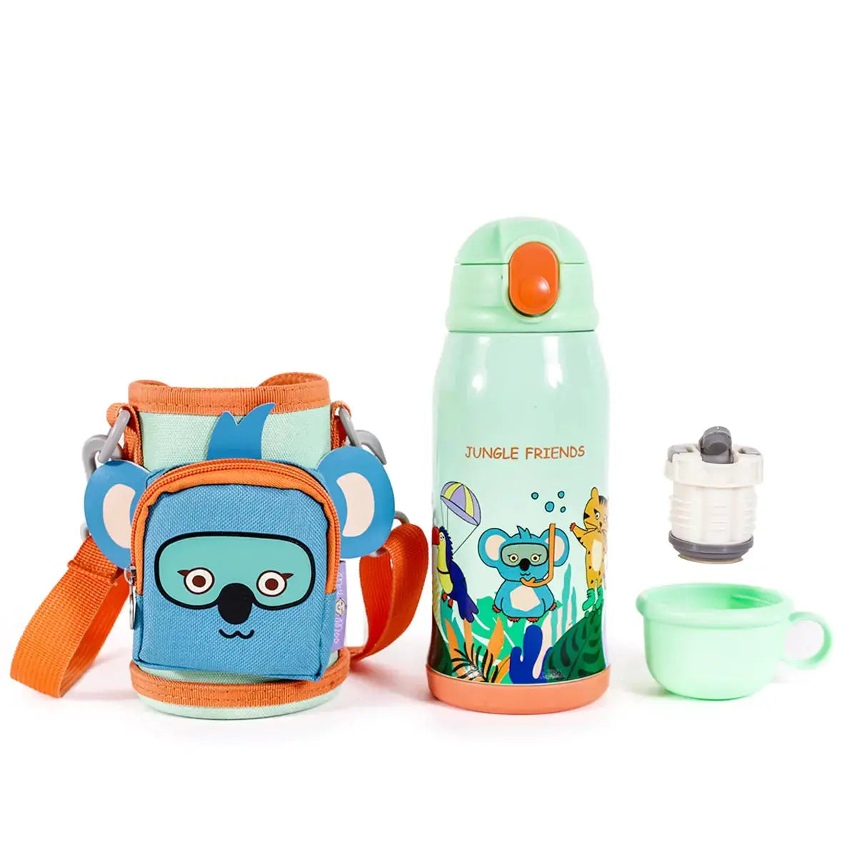 MILK&MOO Steel Kids Water Bottle with Bag Jungle Friends 550ml / 18.5 oz - Kids water bottles 